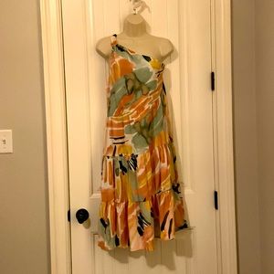 Sage/multicolor abstract print midi dress. One shoulder. Size S, never worn